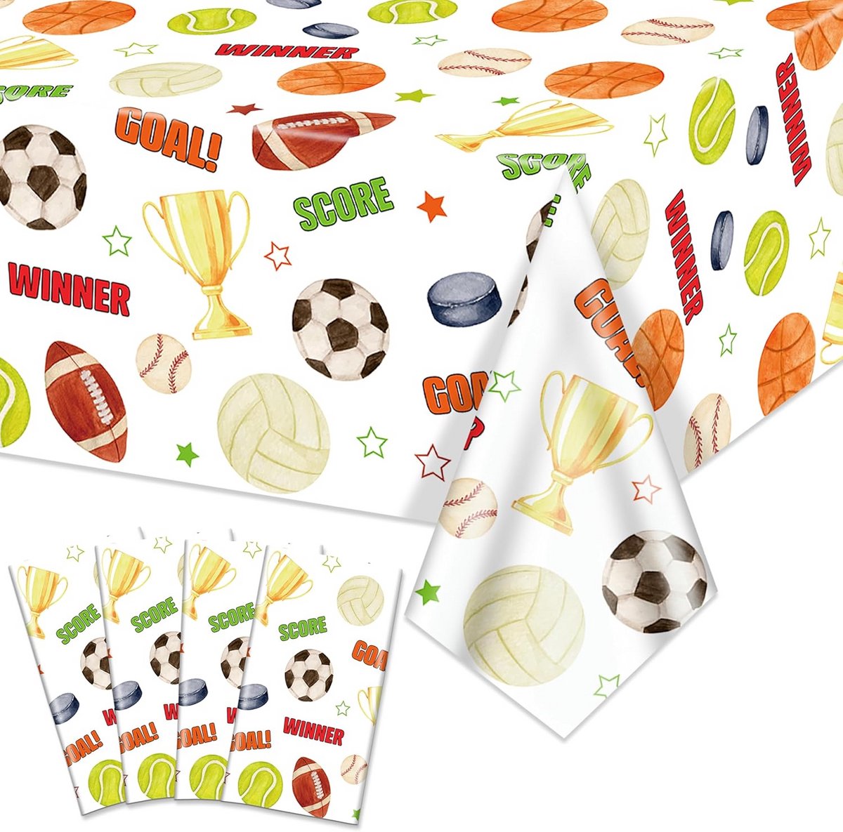 4x Sport Thema Tafelkleden (130x213 cm) - Combinatie van Voetbal, Basketbal, Honkbal & Hockey Decoratie