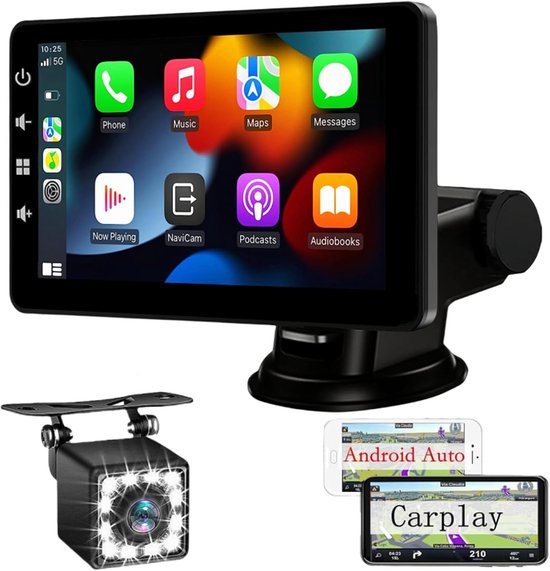 7 Zoll Wireless Carplay Display, Tragbarer Auto Display mit Carplay & Android Auto, Auto Bildschirm mit GPS Navigation, Siri/G00gle Assistant, Mirror Link, Bluetooth, FM für alle Vehicles