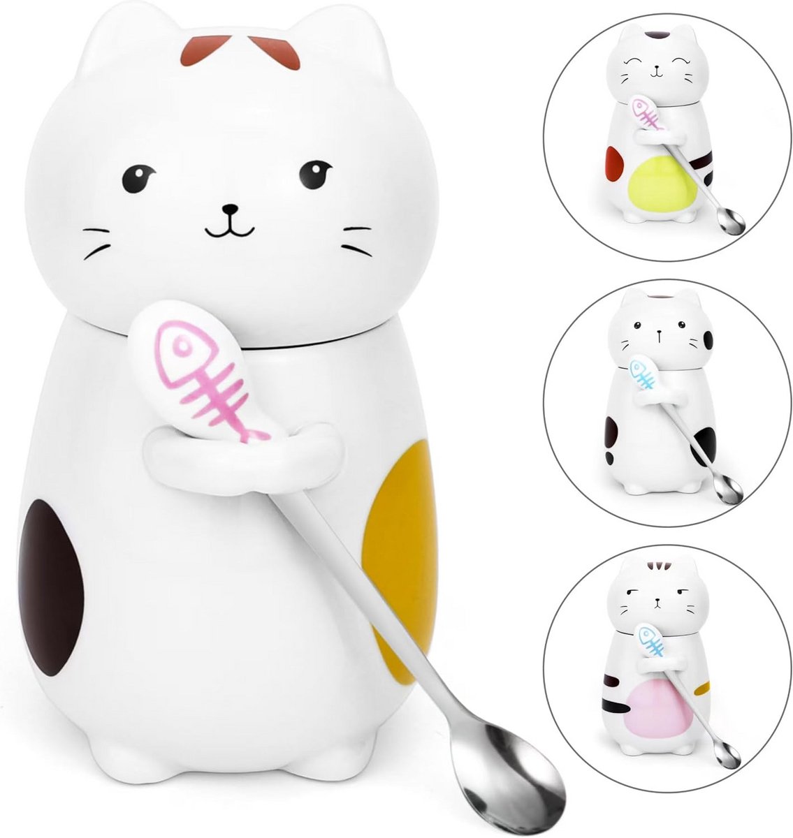 Keramische Mok met Deksel en Lepel – 3D Kat Ontwerp – 400ml Koffie Thee Cup Cadeau