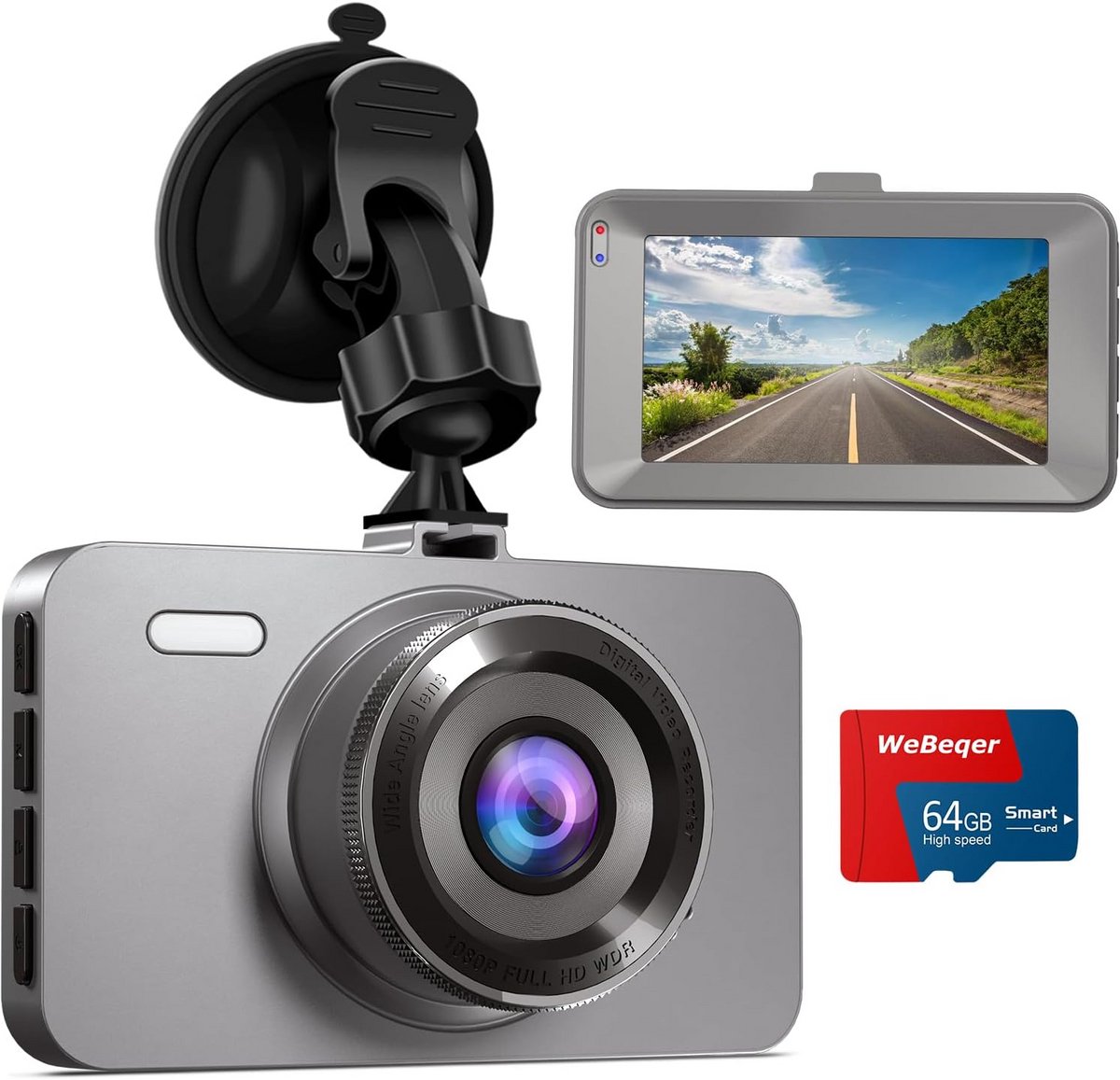 Dashcam Auto 1080P met 3 Inch IPS Scherm, Nachtzicht en 64GB SD Kaart