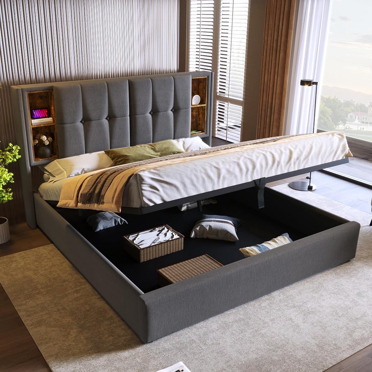Tweepersoons Bed 160x200 cm Gestoffeerd met Opbergruimte en Lattenbodem Grijs