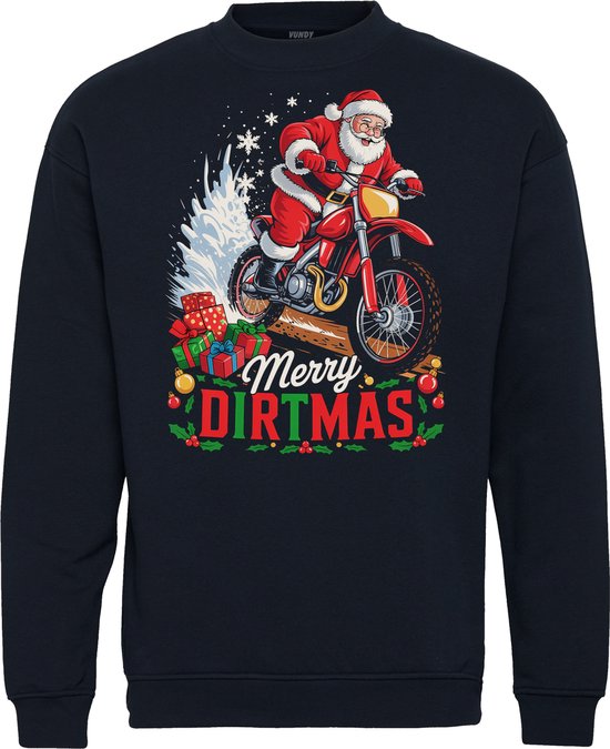 Donkerblauwe kersttrui met print van de Kerstman op een crossmotor, omringd door cadeaus en de tekst Merry Dirtmas.