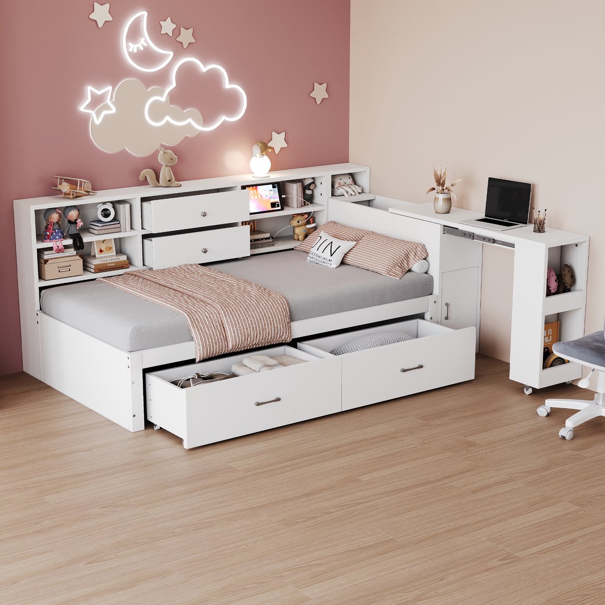 REDOM bedframe 90x200 cm – Wit – Veel opbergruimte, uitschuifbaar bureau, USB en stopcontact