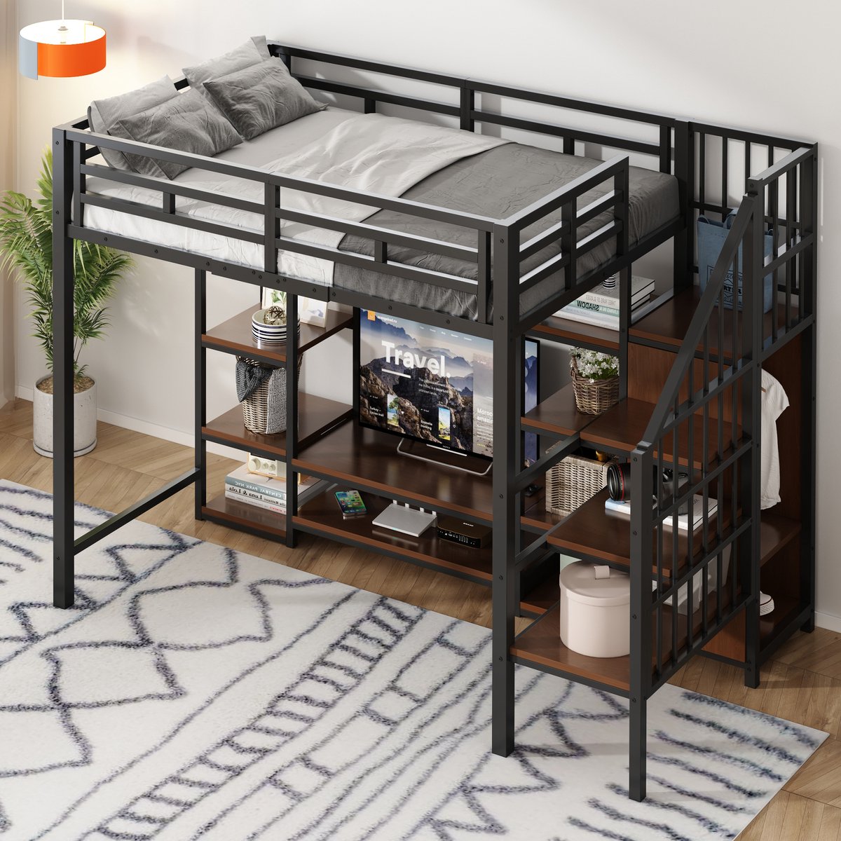 REDOM Bedframe 90x200 cm – Hoogslaper met TV-standaard & stopcontact – Metaal – Zwart