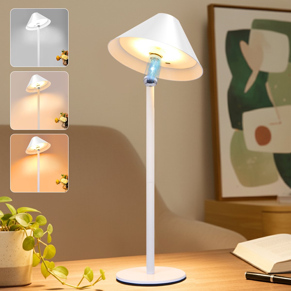 Rosnek Decoratieve Tafellamp met Kap - 3 Kleuren Touch Bediening - 360° Magnetisch Draaibaar Design, 4000 mAh Dimbare LED Tafellamp, Oplaadbare Industriële Slaapkamer/Woonkamer Lamp voor Binnen & Buiten(Wit)