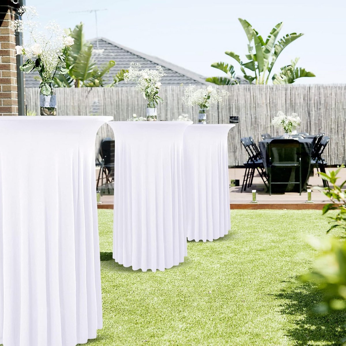 Set van 2 Ronde Cocktail Tafellakens Elastisch Wit Tafelkleed met Golvende Ruches