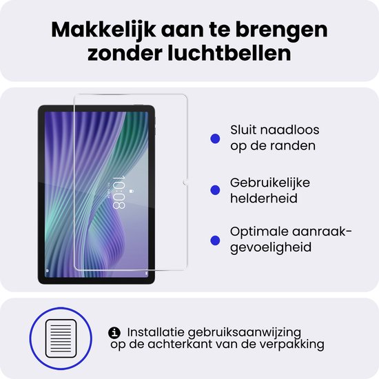 Screenprotector voor tablet met installatie-instructies, sluit naadloos aan op de randen, bruikbare helderheid en optimale aanraakgevoeligheid.