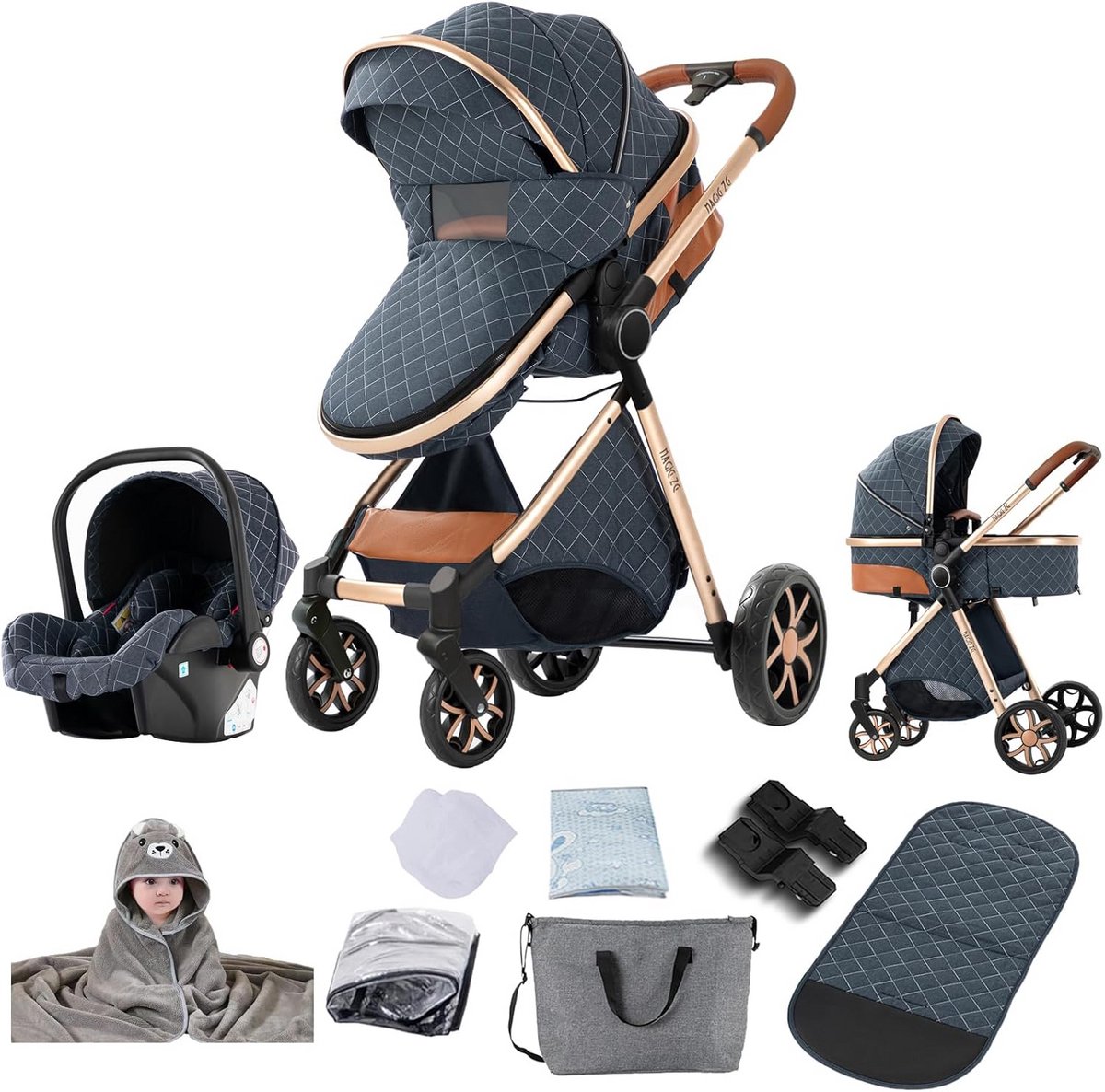 3-in-1 Kinderwagen Set met One Click Systeem en Omkeerbare Duwstang