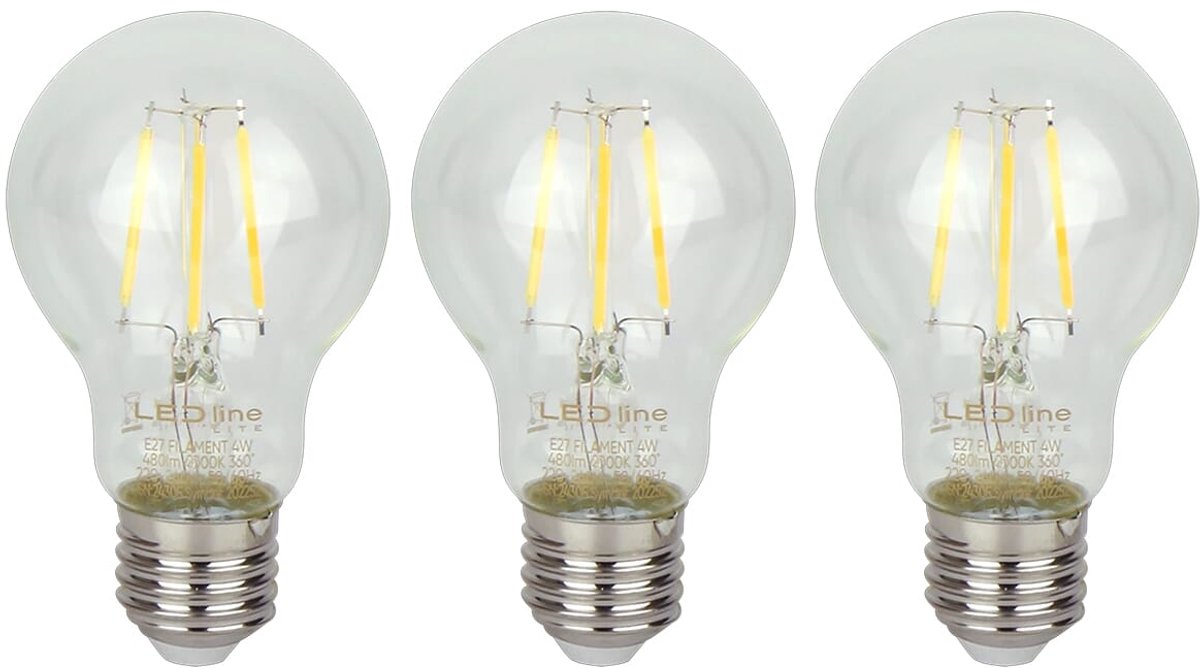 LED line LITE LED Filament Lamp A60 E27 - 4W (vervangt 40W) - 480lm - Ø60mm - 230V - Energiezuinig - 3 stuks