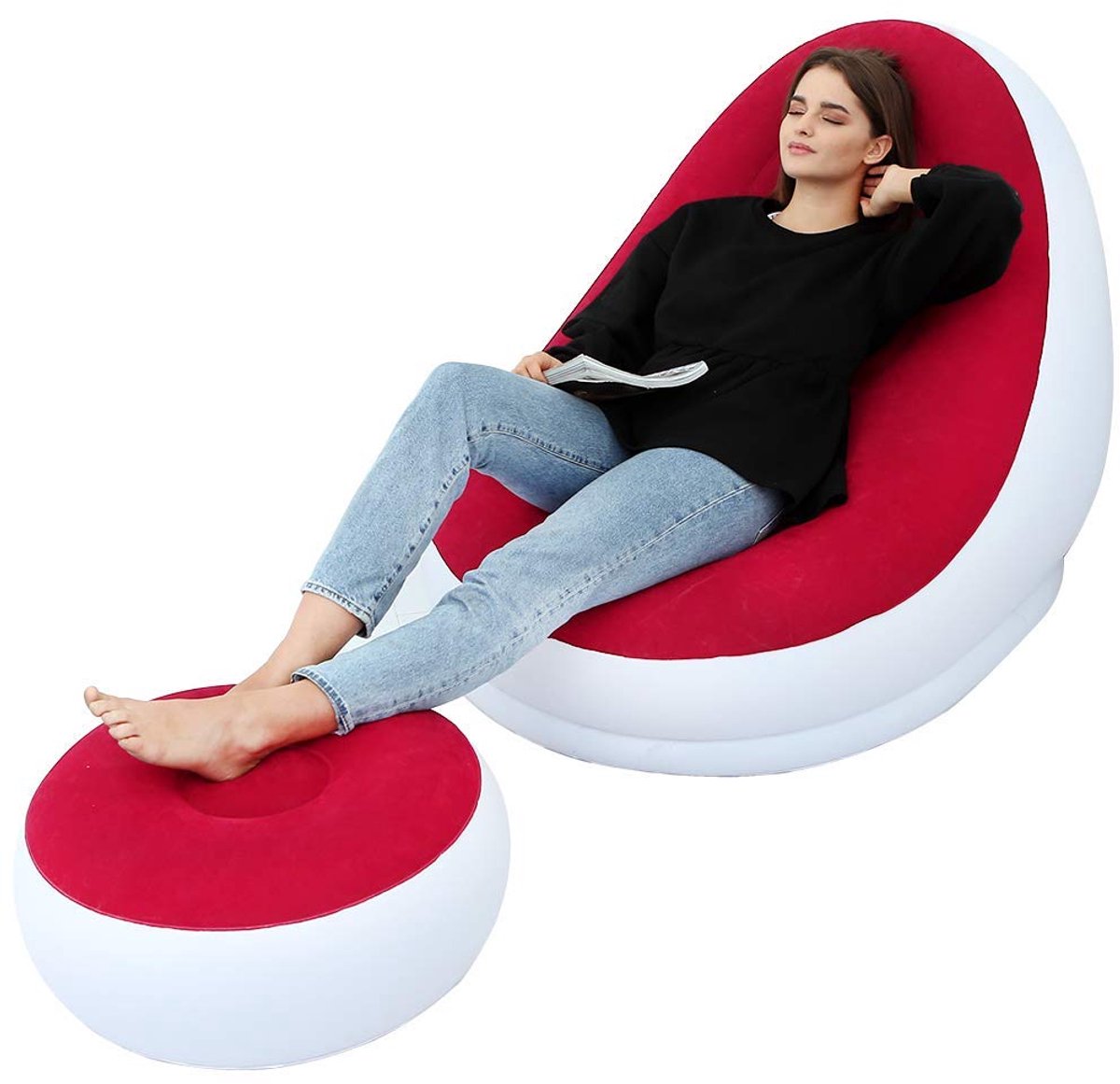Unyqoos Comfortabele opblaasbare lounge stoel met voetenbank voor binnen en buiten Rood wit