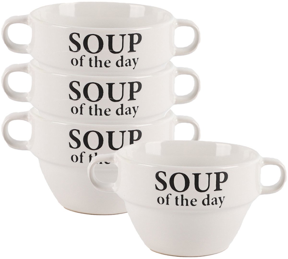 Bellatio Design Soepkommen - 4x - 500 ml - Soup of the day - keramiek - D12 x H8 cm - wit - Stapelbaar