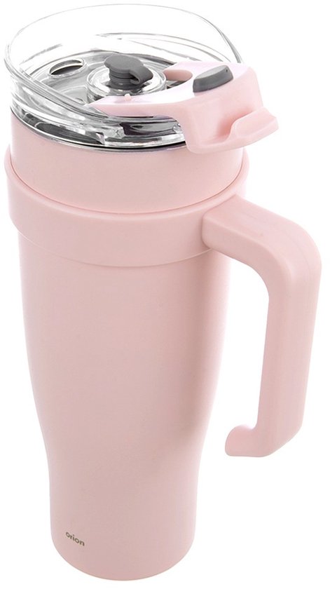 Roze thermosbeker met lichtroze handvat en deksel, toont de zijkant van de beker.