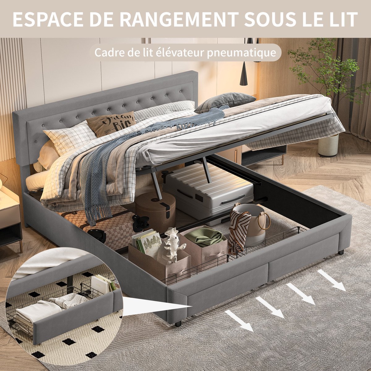 Tweepersoonsbed 160x200 - opbergbed - grote lade aan het voeteneind - lattenbodem, fluwelen bedframe - beige (verzonden in 2 pakketten)