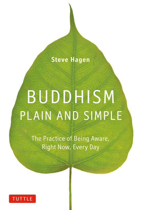 Boek "Buddhism Plain and Simple" van Steve Hagen met de tekst "The Practice of Being Aware, Right Now, Every Day" op een groene bladprint.