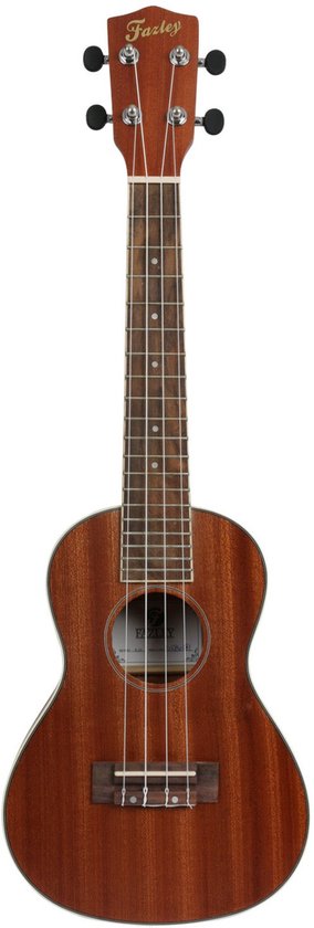 Volledige weergave van een bruine Fazley ukelele met open klankgat en snaren.