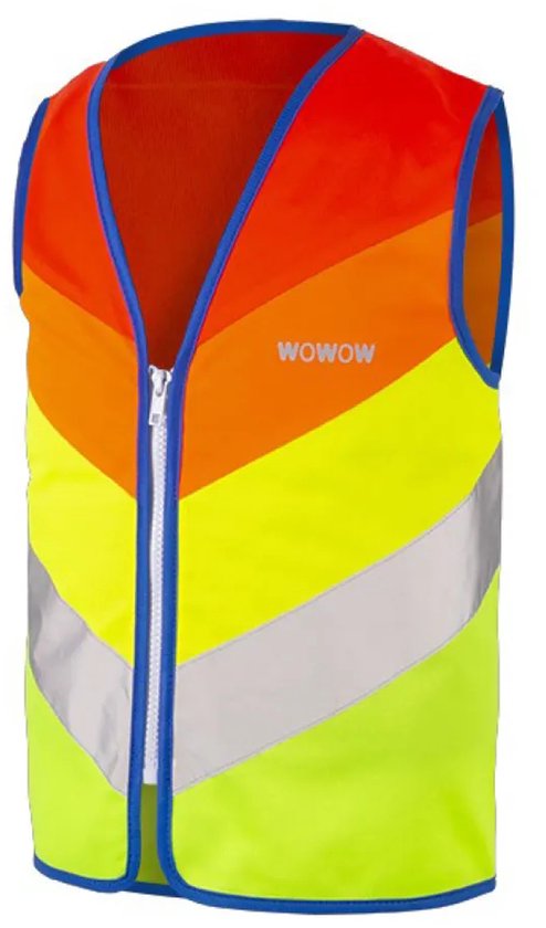 Veiligheidshesje met rits in chevron-patroon: oranje, geel, groen en reflecterende banen. WOWOW-logo op borst.