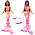 Twee Barbie zeemeerminnen met roze schubben en bloemen. Eén met accessoires, de ander met meer bloemen.