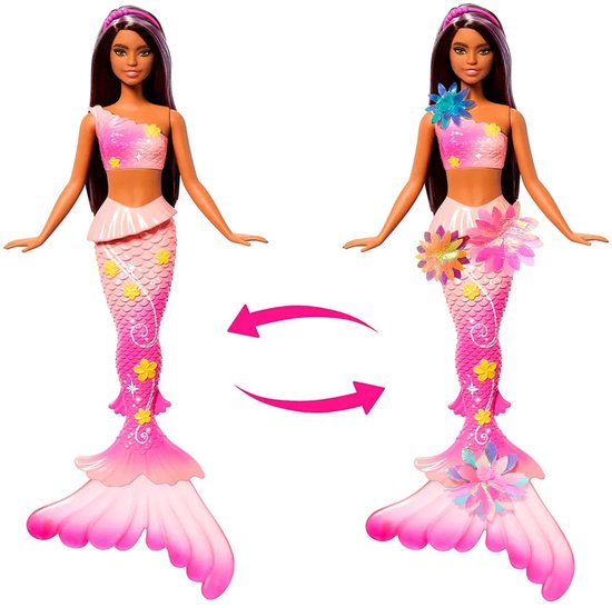 Twee Barbie zeemeerminnen met roze schubben en bloemen. Eén met accessoires, de ander met meer bloemen.