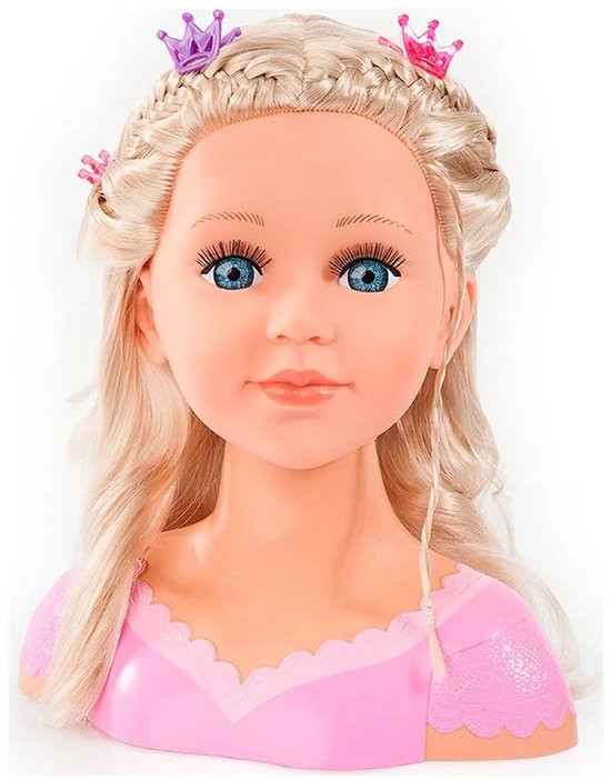 Blond kaphoofd met blauwe ogen, vlechten en krullen, versierd met paarse en roze kroontjes en klemmen.