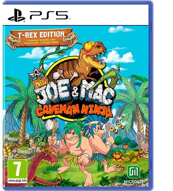 De cover van de PS5 game "New Joe & Mac: Caveman Ninja: T-Rex Edition". Twee cavemannen staan naast elkaar, met op de achtergrond een T-Rex, palmbomen en insecten. PEGI 7 rating.
