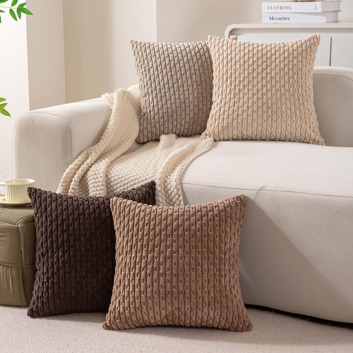 Unyqoos Set van vier boho kussenslopen in verschillende kleuren voor stijlvolle inrichting beige taupe bruin