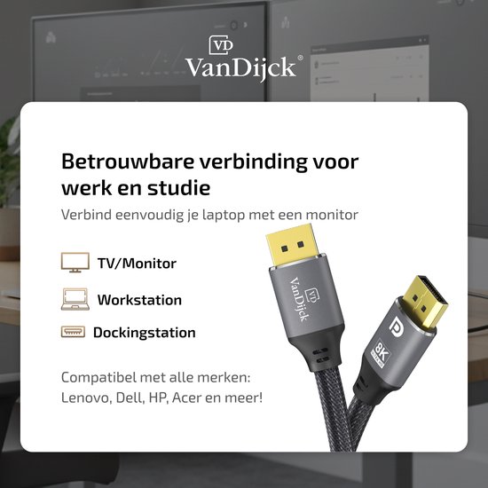 Twee grijze Displayport kabels, geschikt voor TV/Monitor, Workstation en Dockingstation. Compatibel met Lenovo, Dell, HP.