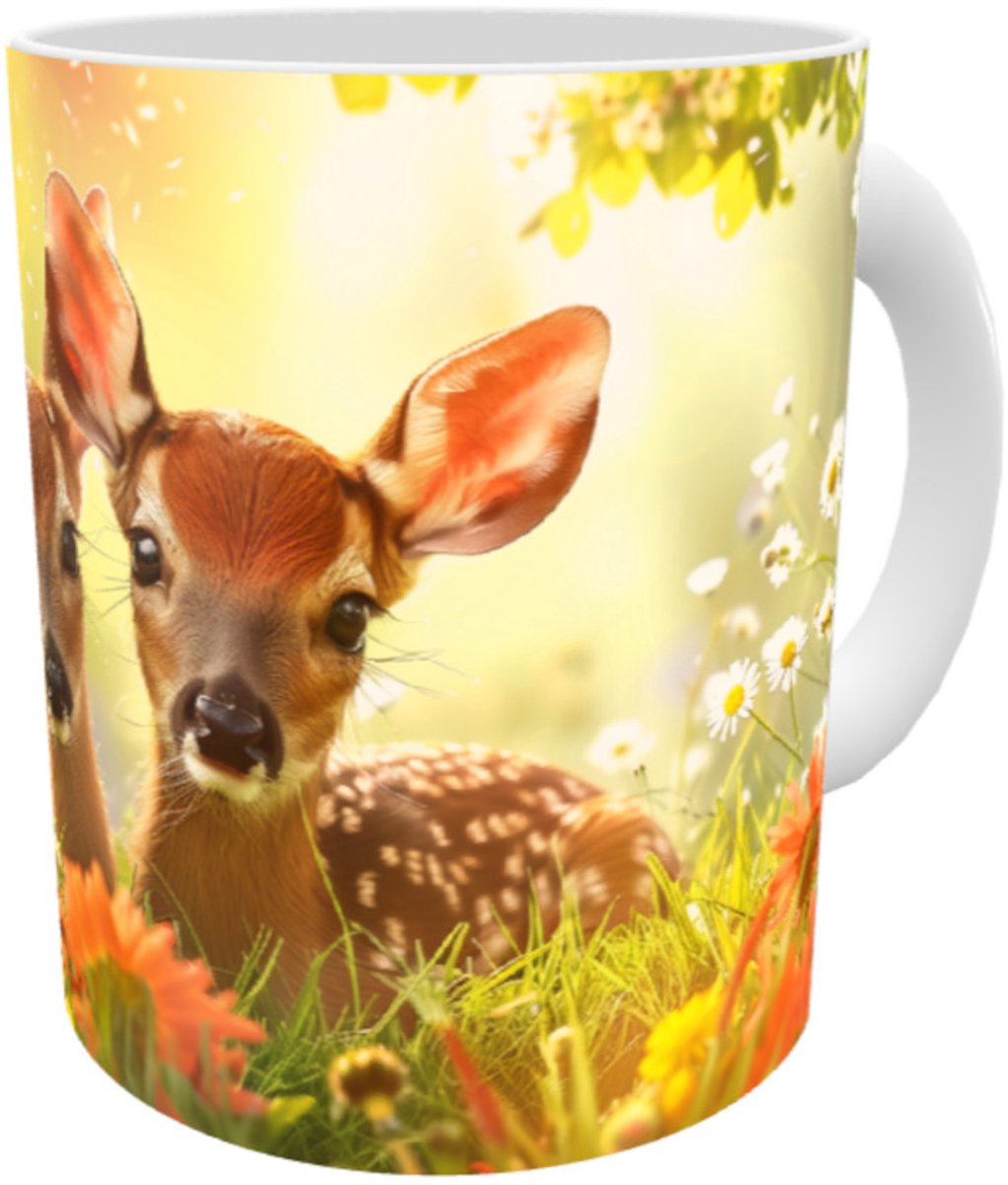Schattige Bloemen Hertjes in de Lente - Cute Spring Flowers Deers - Lieve DierenMok 330 ml