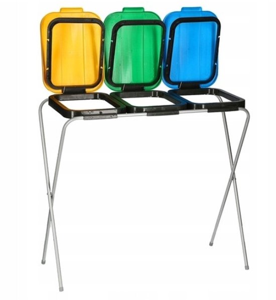 Afvalscheidingsrek met drie geopende gele, groene en blauwe deksels op een metalen frame.