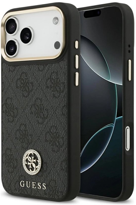 Coque Guess noire avec logo en relief et strass, contour doré, avec iPhone.