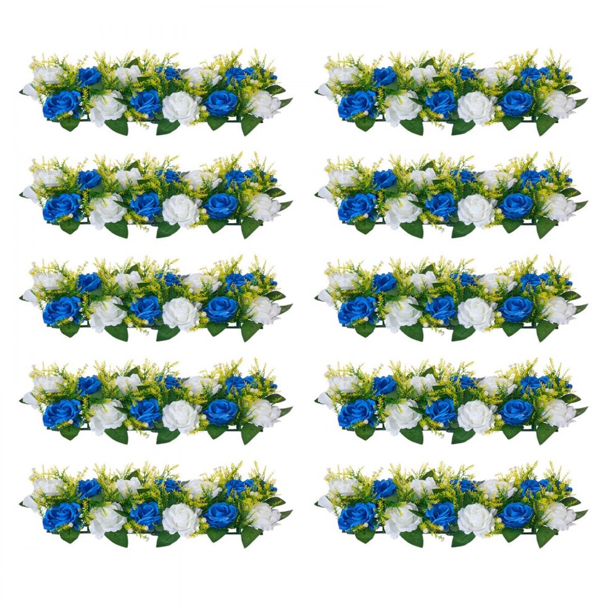 Kunstbloemen Rozen Bloemstukken - Set van 10 - Afmeting 50 x 22 x 12 cm - Tafeldecoratie Bruiloft - Realistisch & Herbruikbaar - Blauw/Wit