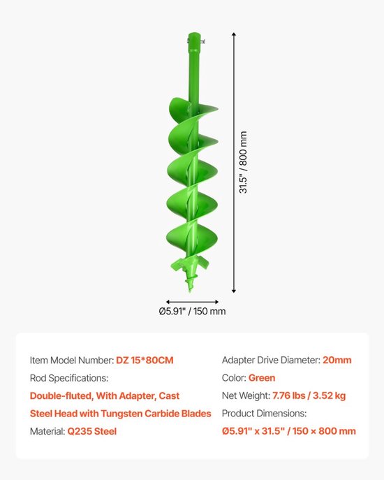 Grondboor - Paalboor-opzetstuk - Ø 15 x 80 cm - Aansluitmaat 20 mm - Voor hekpalen en tuingrond - Geschikt voor grondboormachines — afbeelding 5