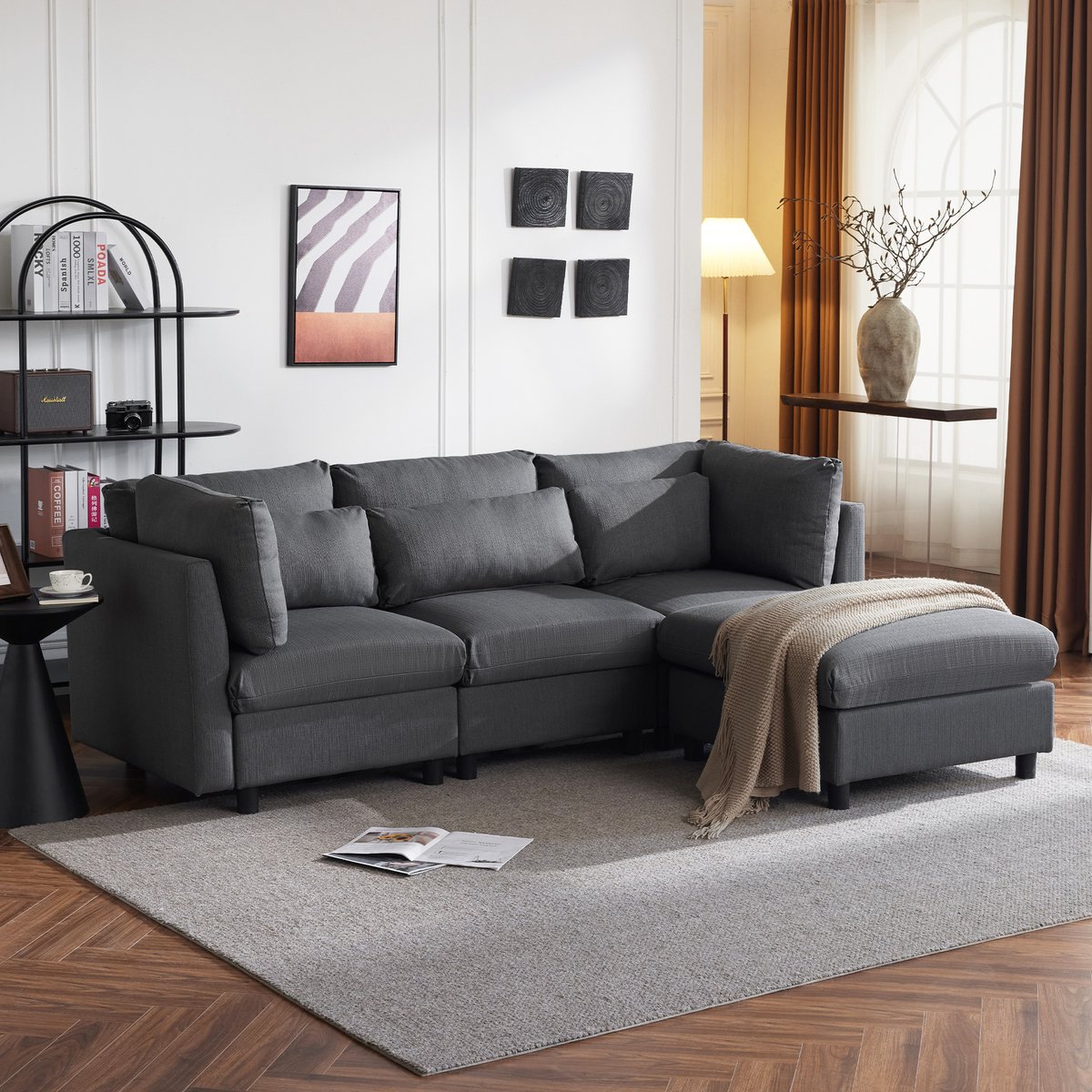 OKWISH Slaapbank 3-Zits - Loungesofa met Arm- en Lendenkussens - Ergonomisch Ontwerp - Linnen - Grijs