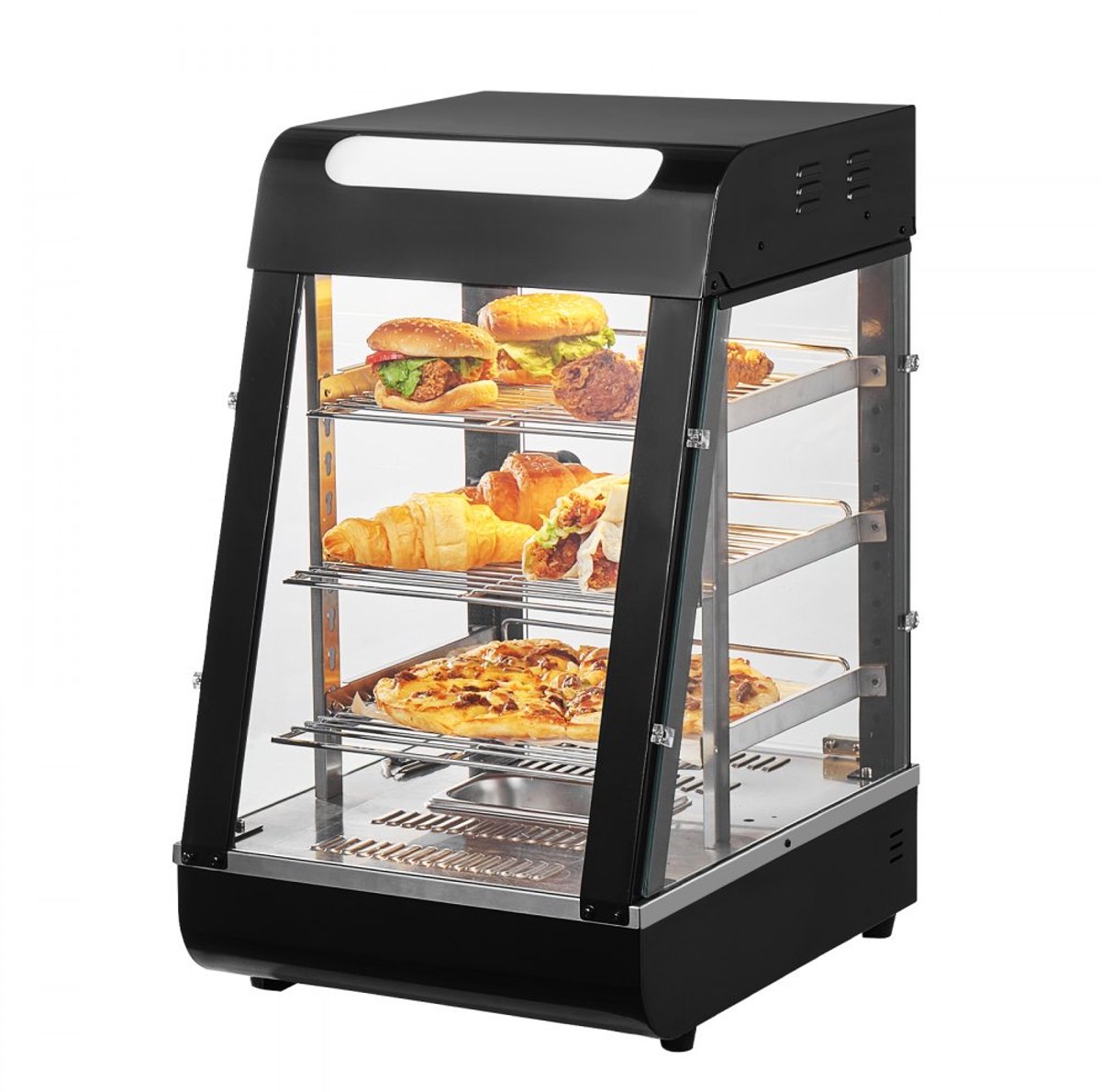 Horeca warmhoudvitrine - Voedselverwarmer - 3-Laags - 57L Capaciteit - 1000W Vermogen - Met Verlichting - Verstelbare Schappen en Temperatuurdisplay - 30–85°C Stoomverwarming
