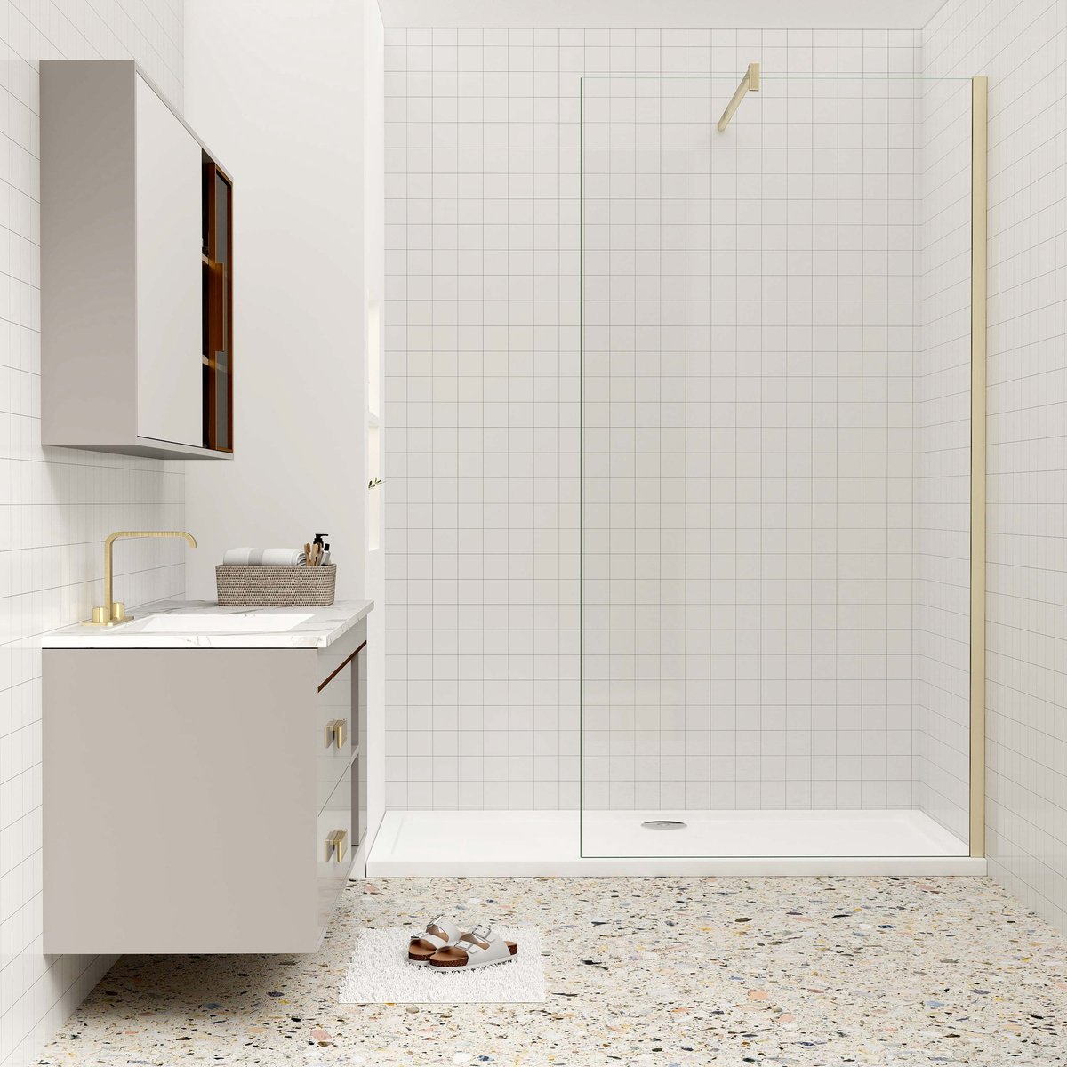 Aica luxueus inloopdouche 160x200 cm 10 mm NANO Easyclean veiliges gehard glas 140cm F-vormige stabilisatiestang geborsteld goud - gemakkelijk te installeren