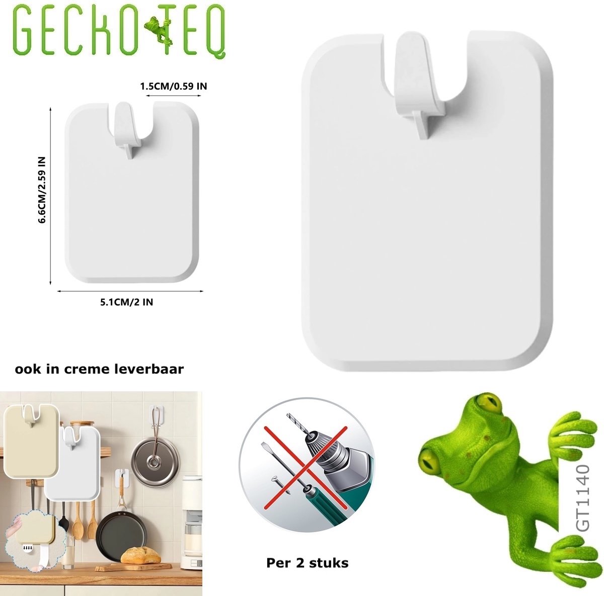 GT1140 GeckoTeq 2 stuks zelfklevende wandhaken in wit – strak, sterk en eenvoudig te monteren - 2,5kg draagvermogen