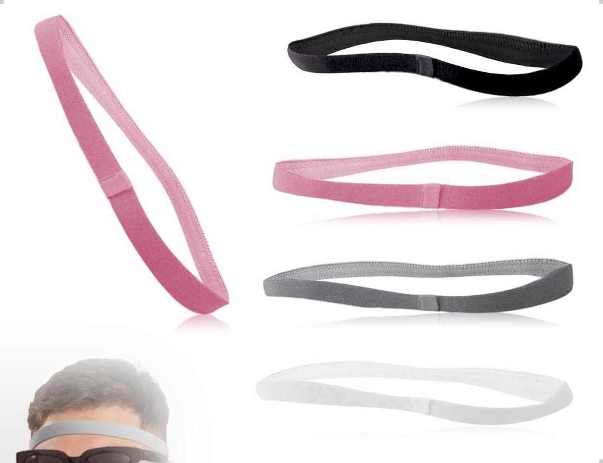EGoods - Set van 4 dunne antislip haarbanden voor heren - Ideaal voor sport en fitness - Zwart, wit, roze en grijs
