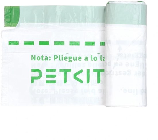 Een rol PETKIT vuilniszakken met groene rand, getoond met een deels afgerolde zak met vouwlijnen.