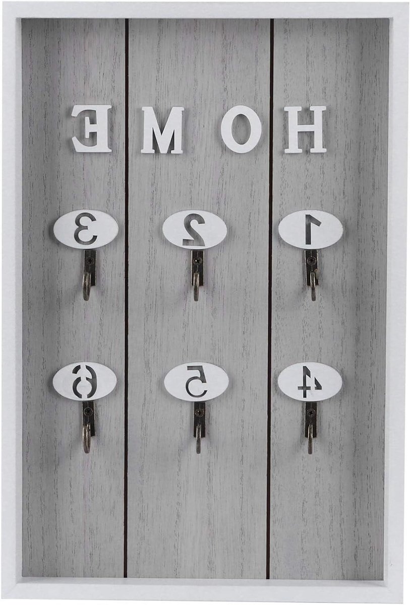 EGoods - Houten sleutel muurdecoratie plank met 6 haken voor inkomhal, mudroom, gang - wit grijs houten decoratie
