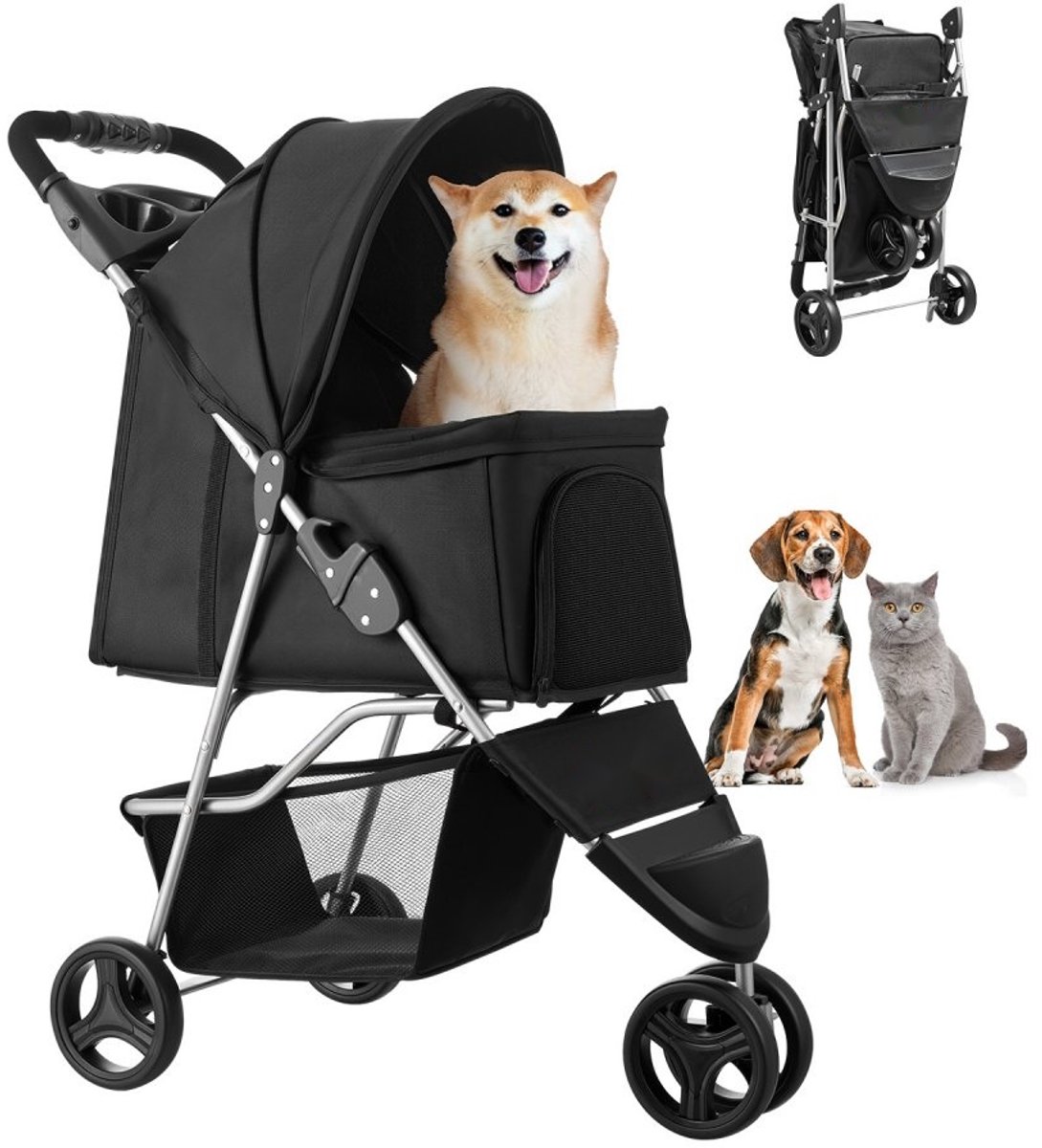 Honden- & Kattenbuggy - Opvouwbare Dierenwagen - 3 Wielen - Draagvermogen 16 kg - Gaasvensters - Bekerhouders - Voetrem - Voor kleine tot middelgrote huisdieren
