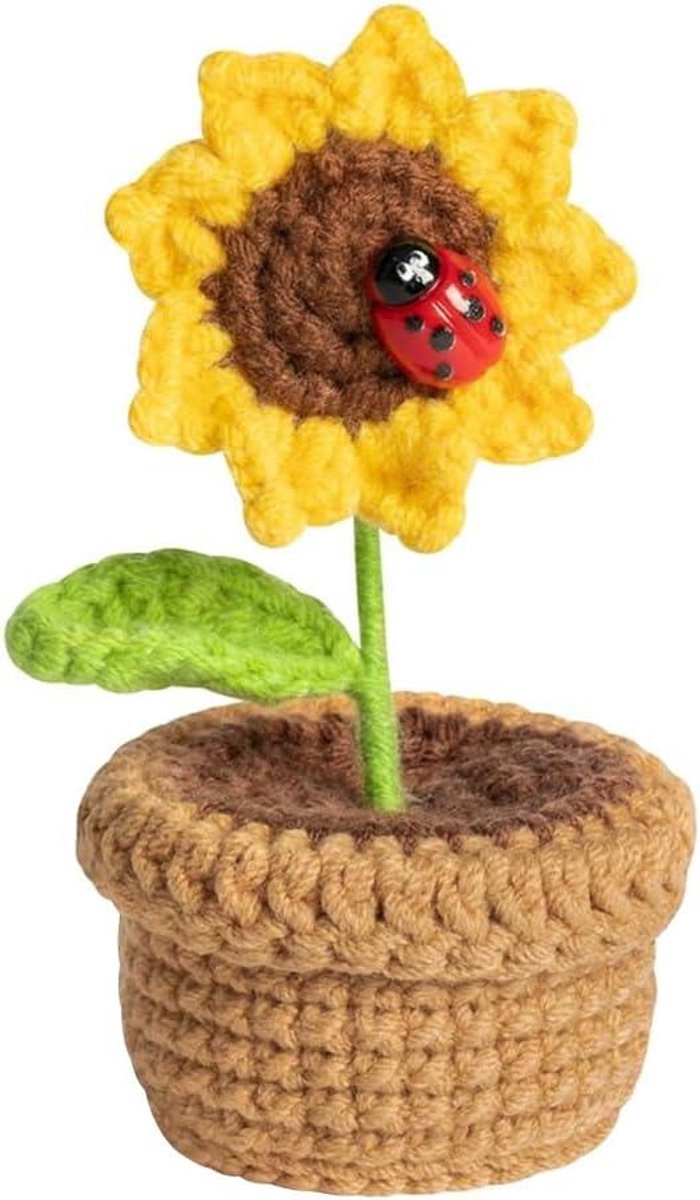 EGoods - Handgemaakt Zonnebloem Pot Beeldje Gehaakt Garen Miniatuur Zonnebloem Plant Ornament - Emotionele Ondersteuning - Gebreide Pop - Thuis Kantoor Bureau Decor - 4.3x2.2x2.2inch