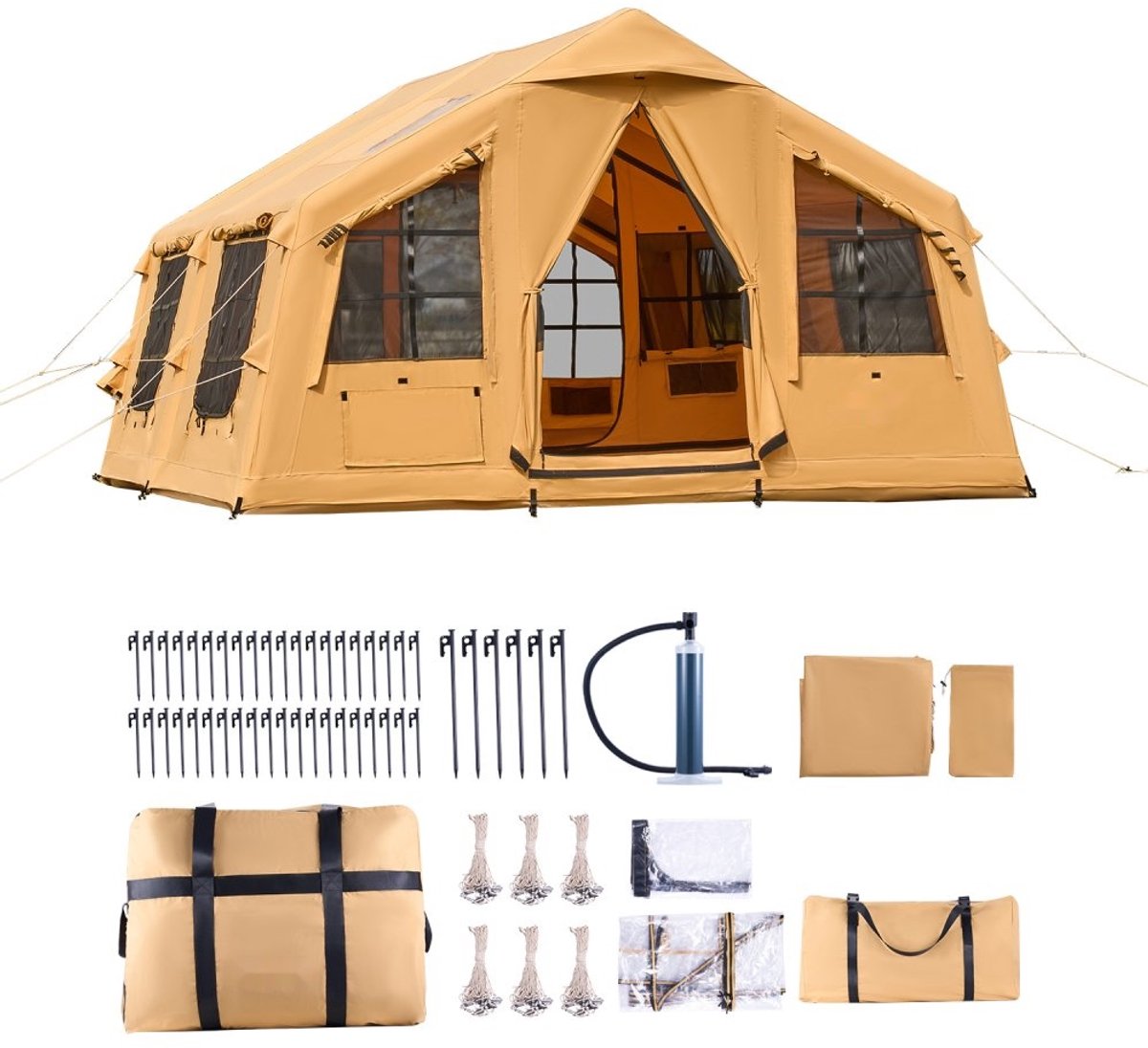 Opblaasbare kampeertent - Familietent/Glampingtent 8-12 personen - Afmeting 4,8 x 3,6 x 2,2 m - Inclusief handpomp - Luifel - Kachelaansluiting - Twee Deuren - Gaasramen – foto 7