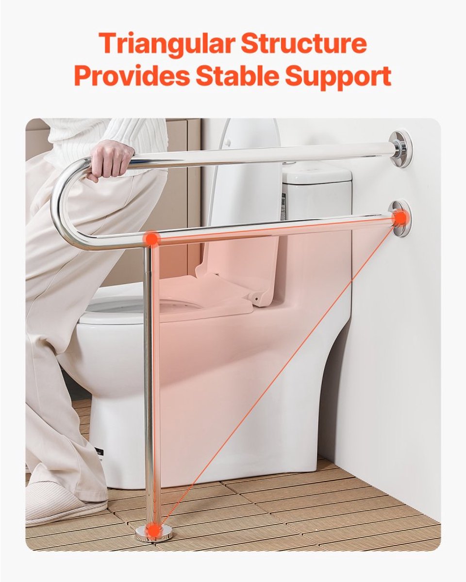 Toiletbeugel - Wandbeugel met Steunpoot - RVS 304 - Antislip Handgreep - Draagvermogen 136 kg - Afmetingen 780 x 76 x 800 mm