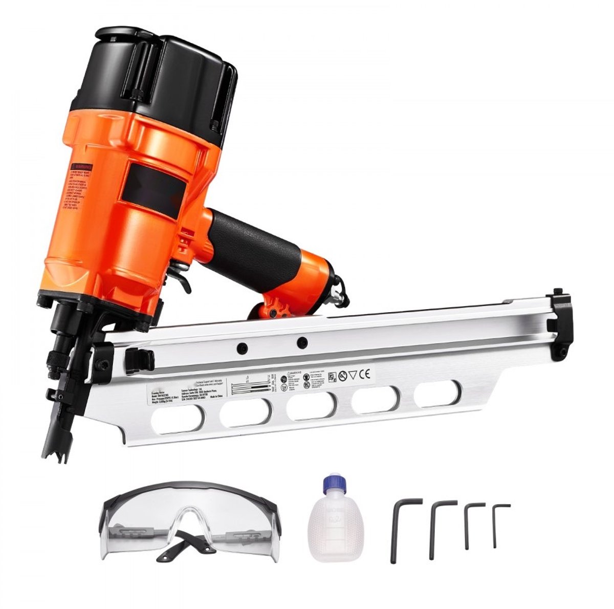 Pneumatisch Spijkerpistool / Spijkertacker - 21° Ronde Kop Stripnagels - 50–90 mm Spijkers - 2 Schietstanden - Diepteverstelling - 5,5–8,3 bar - Framebouw, Vloeren & Vlonders
