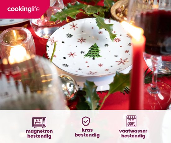 Wit bord met kerstboom, sneeuwvlokken in rood, zwart en groen. Vaatwasserbestendig.