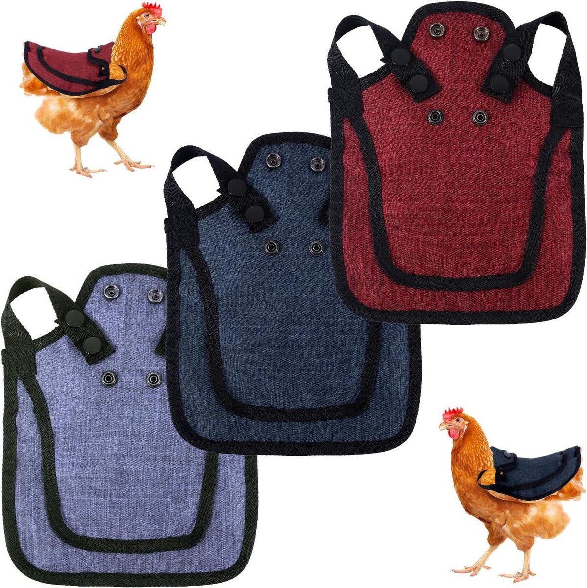 Kippenzadel Set van 3 - Comfortabele Kippenschorten met Verstelbare Banden - Pluimvee Accessoires - Rood Blauw Paars