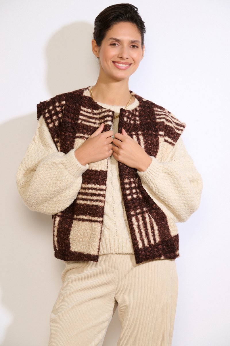 LolaLiza Gilet V Teddicheck 09001509 3720 Brown Dark Chocolate Dames Maat - L