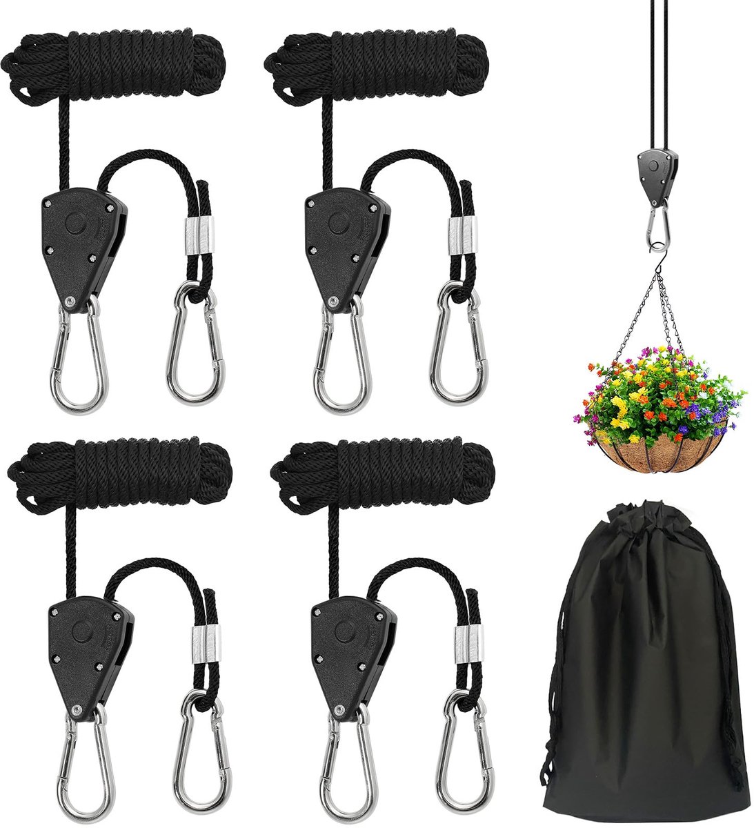 Unyqoos® Set van 4 verstelbare ratelhangers met haken en wat