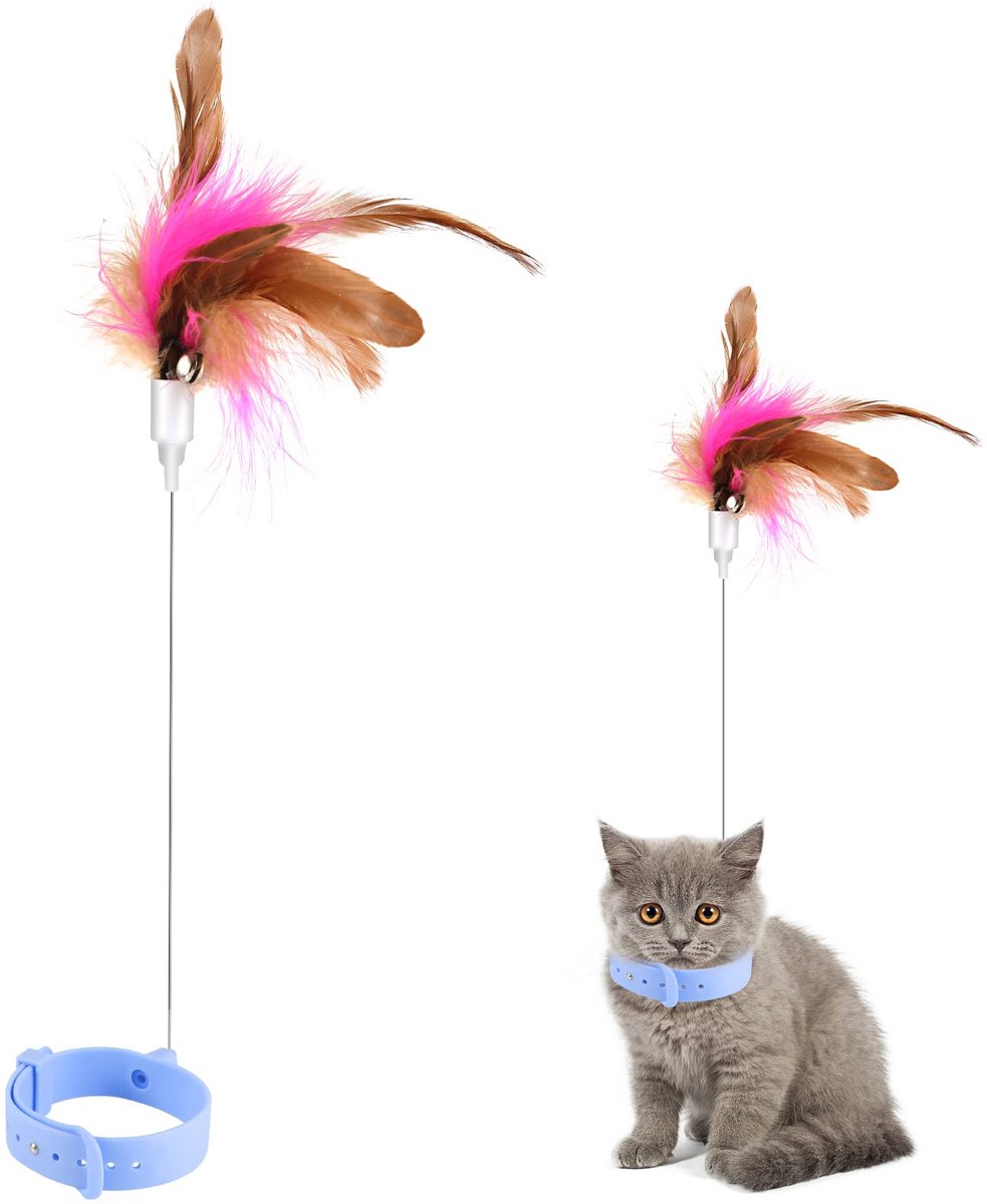 Cat Teasing Wand, Cat Teaser Wand Toy Siliconen, Verstelbaar, Cat Feather Collar Toys met Bell Cat Interactive Teaser Toys voor Binnen Cat Kittens Playing (Blauw)