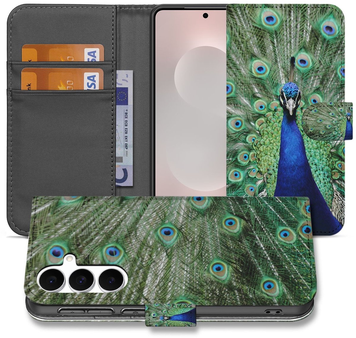 Samsung Galaxy S25 FE Bookcase Hoesje Met Pauwprint En Pasjes