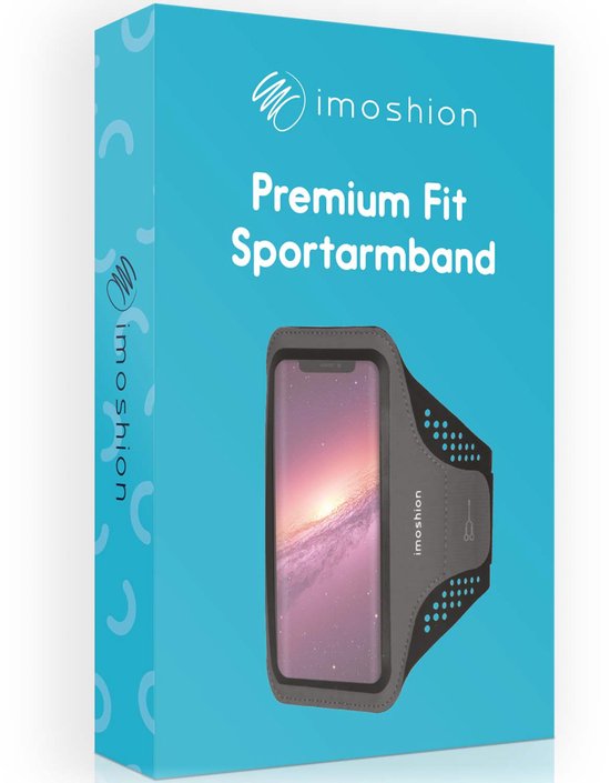 Verpakking van een grijze imoshion sportarmband met een sportarmband met telefoon erop afgebeeld. De verpakking is blauw met witte details.